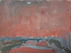 20th Century German Modernist Oil Painting Grey Bridge Red Sky Scape