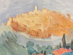 20th Century German Modernist Oil Painting Hill Perched Village in the Clouds