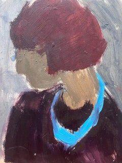 20th Century German Modernist Oil Painting Lady In Blue Thick Necklace Portrait