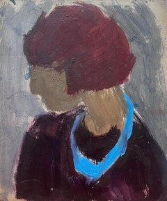 Pittura ad olio modernista tedesca del XX secolo Signora con collana spessa blu Ritratto