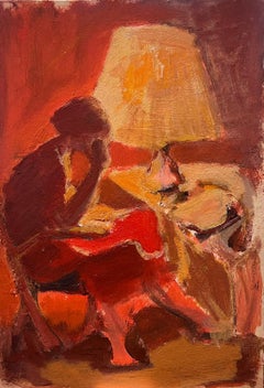 Peinture à l'huile moderniste allemande du 20e siècle, représentant une femme lisant dans un intérieur orange