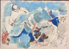 Siglo XX Pintura al óleo modernista alemana Figura azul ligeramente pintada Abstracto