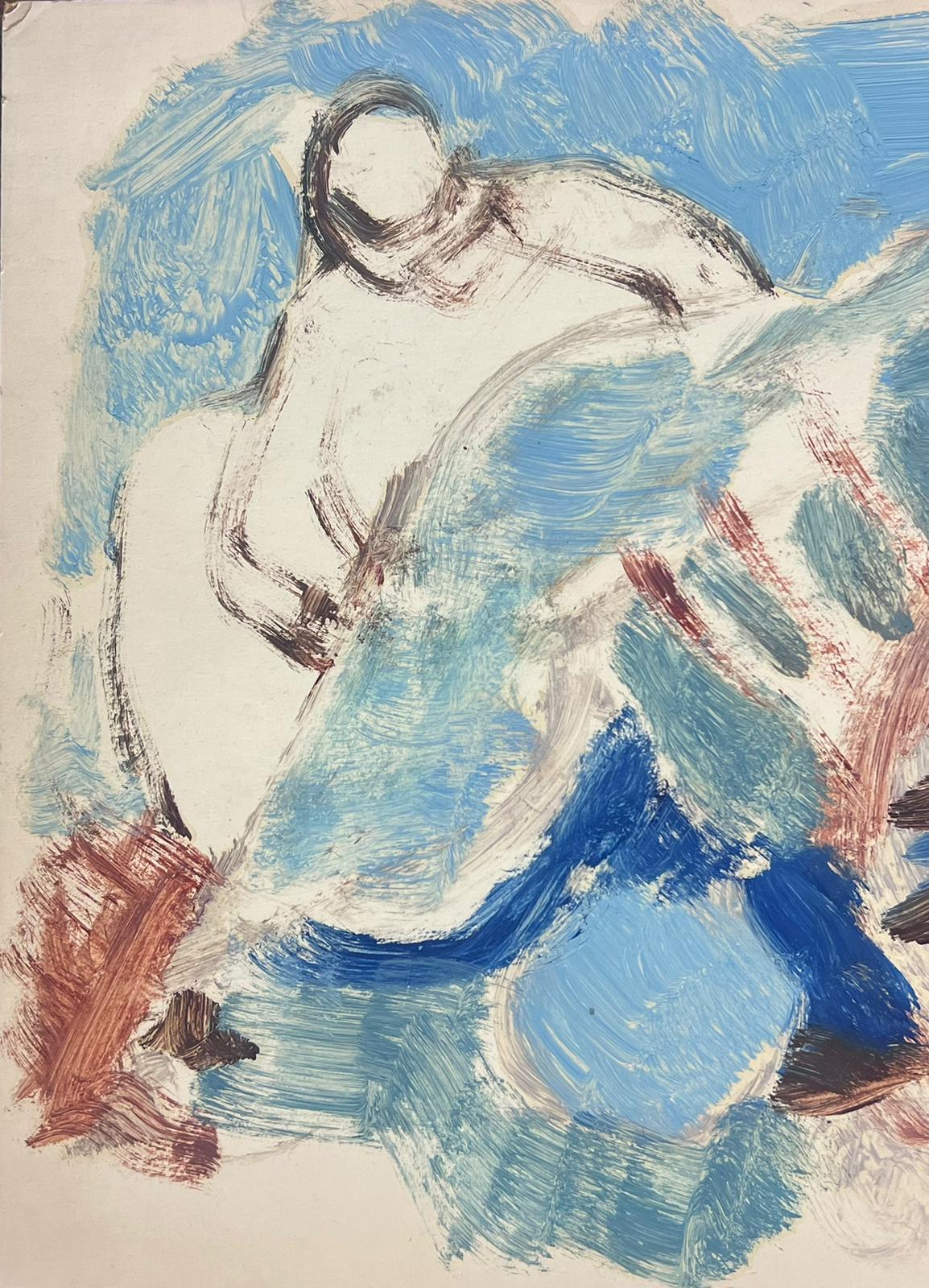 20th Century German Modernist Oil Painting Lightly Painted Blue Figure Abstract For Sale 1