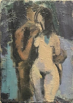 20th Century German Modernist Oil Painting Moody Colors, Nude Couple Lovers
