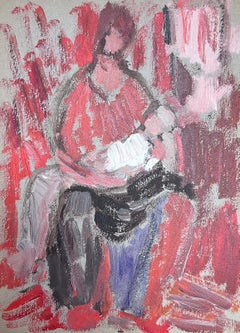 20th Century German Modernist Oil Painting - Mother and Child in Red