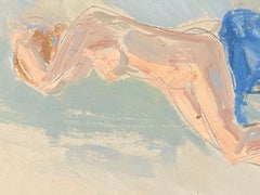 20th Century German Modernist Oil Painting Nude Lady Model Pastel Blue Interior
