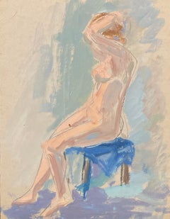 20th Century German Modernist Oil Painting Nude Lady Model Pastel Blue Interior
