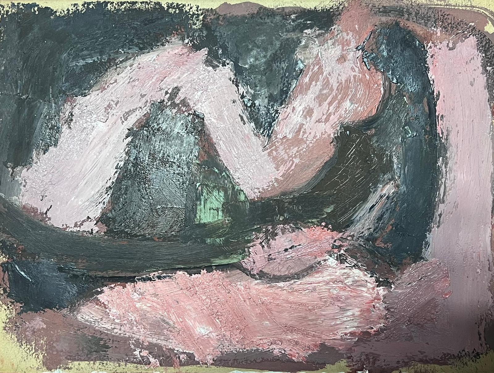 Peinture à l'huile moderniste allemande du 20e siècle, rose et bleu, abstraite - Gris Abstract Painting par Elisabeth Hahn