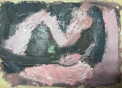 20th Century German Modernist Oil Painting Pink and Blue Abstract 
