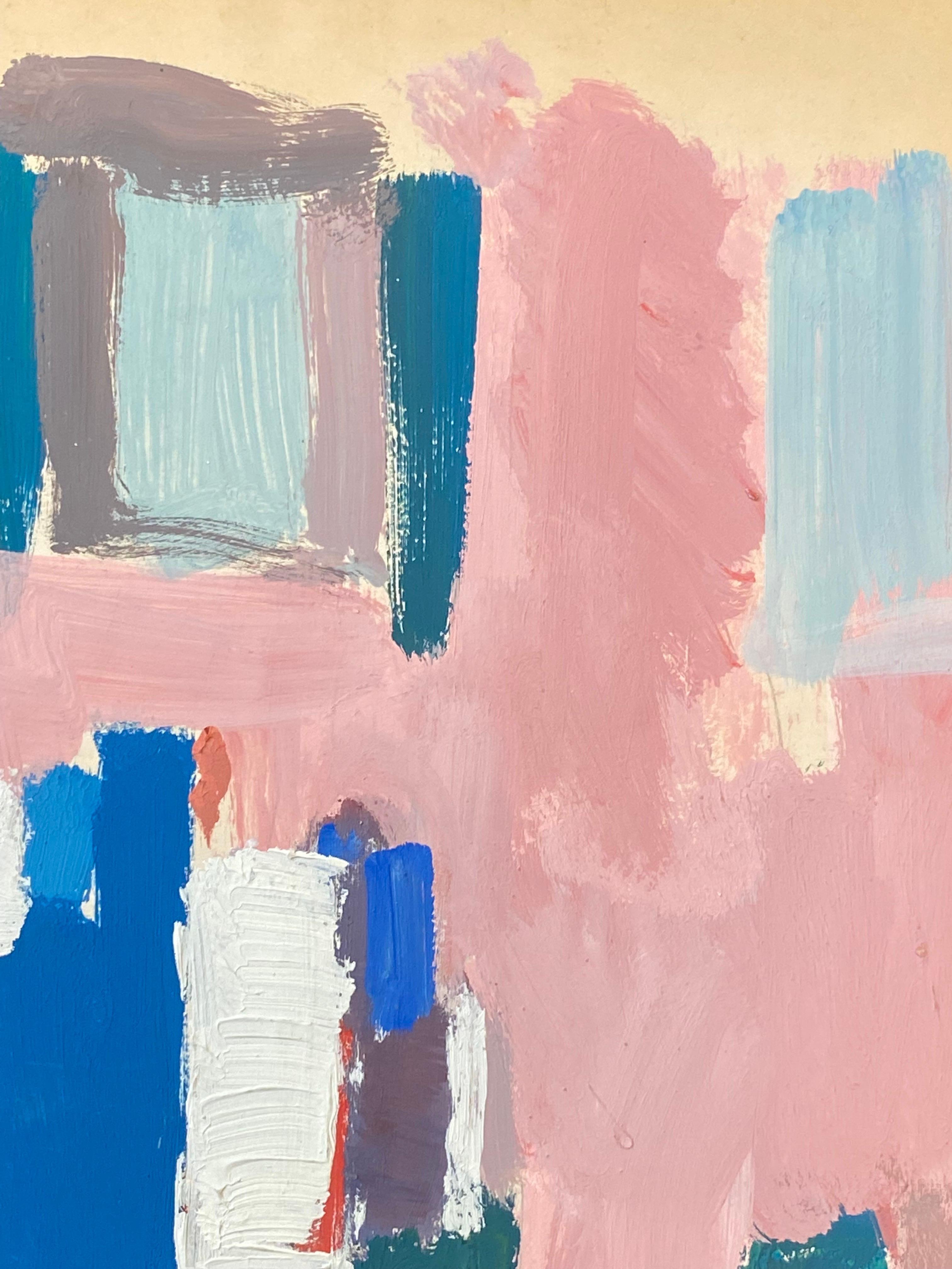 20th Century German Modernist Oil Painting Pink & Blue House - Beige Landscape Painting by Elisabeth Hahn