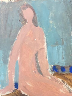 20th Century German Modernist Oil Painting Pink Grey & Blue Nude Woman