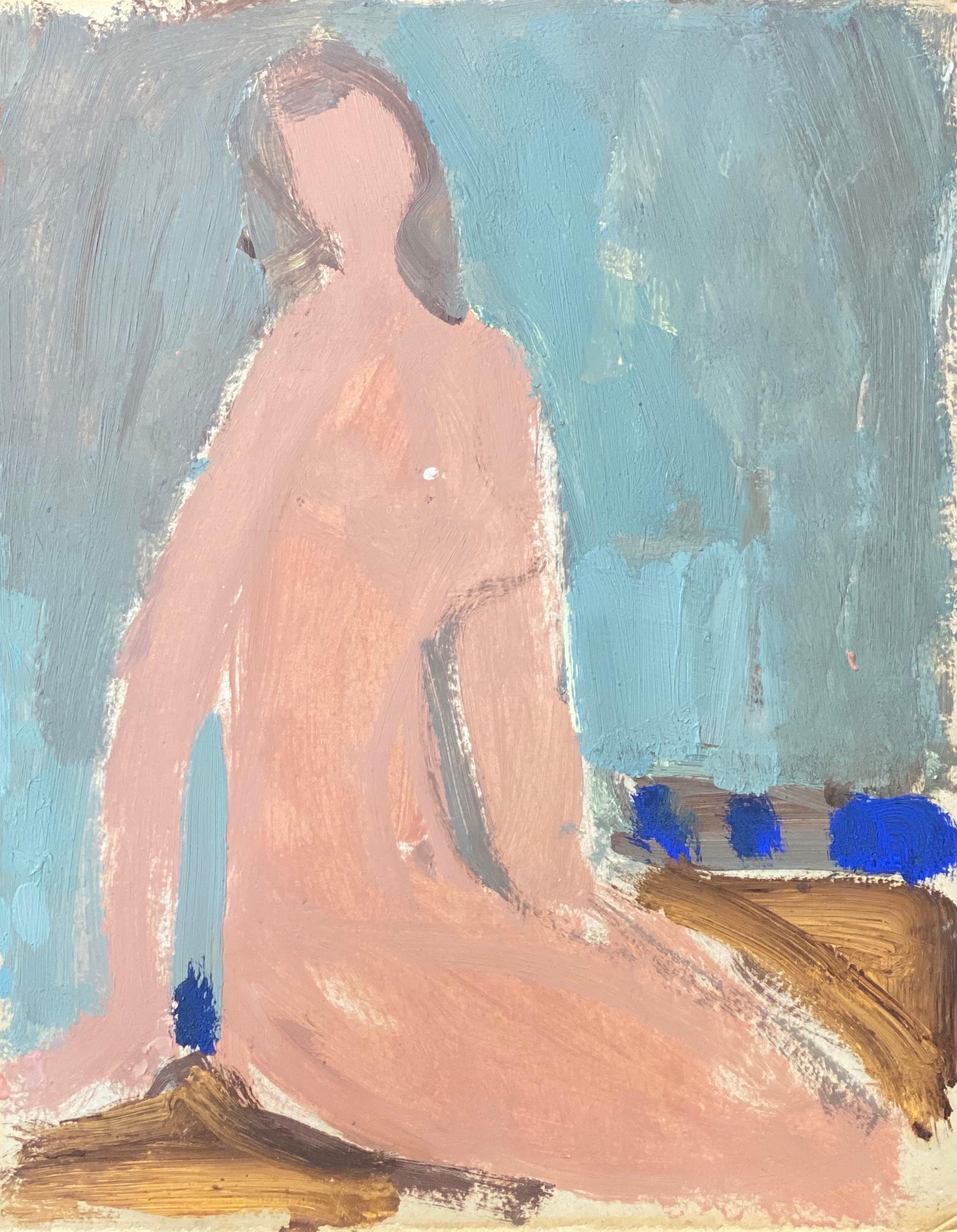 Elisabeth Hahn Abstract Painting - 20th Century German Modernist Oil Painting Pink Grey & Blue Nude Woman
