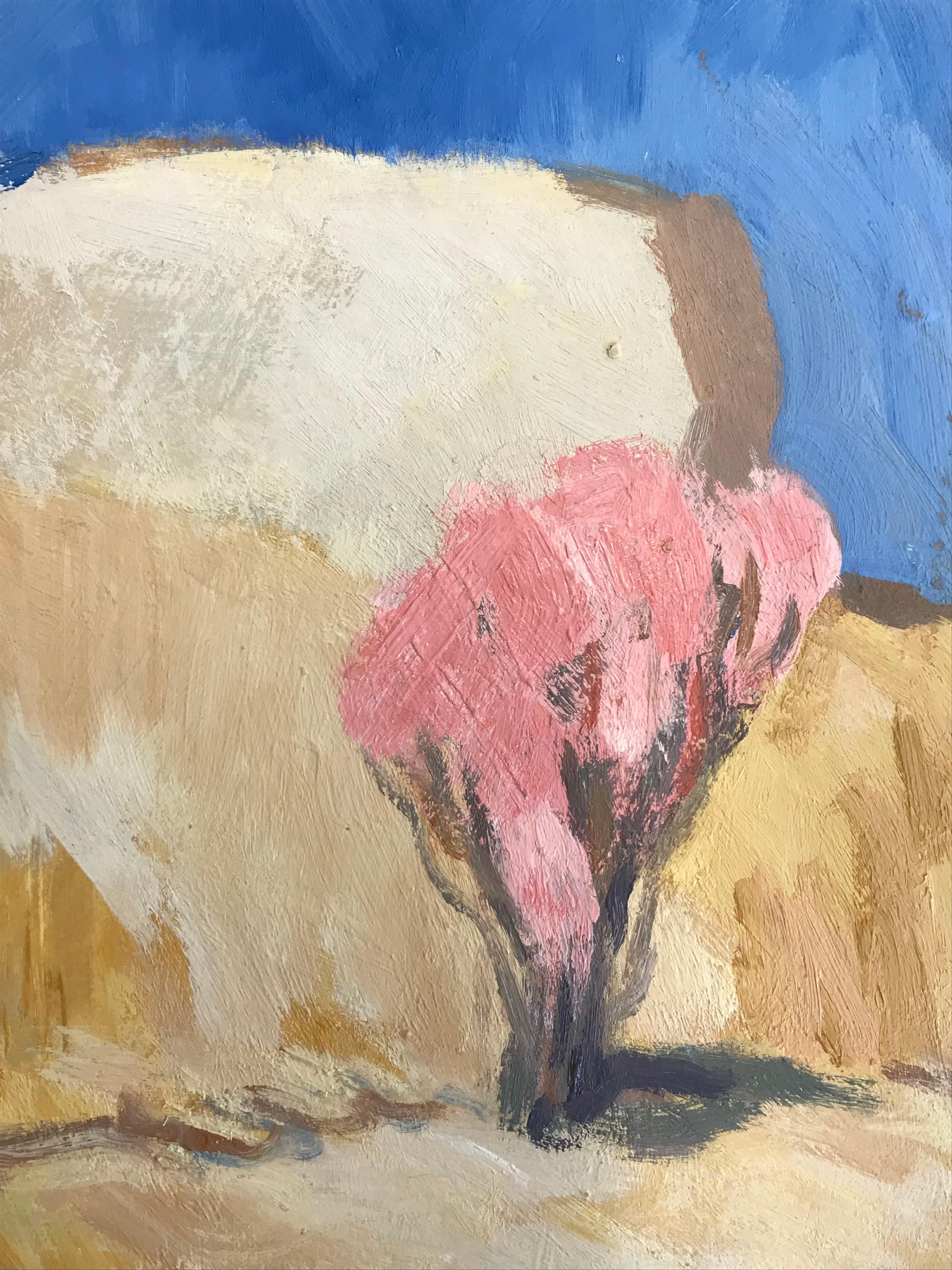 20th Century German Modernist Oil Painting - Pink Tree In Desert - Beige Landscape Painting by Elisabeth Hahn