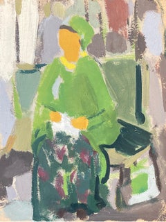 Vintage 20th Century German Modernist Oil Painting Portrait of Lady in Green