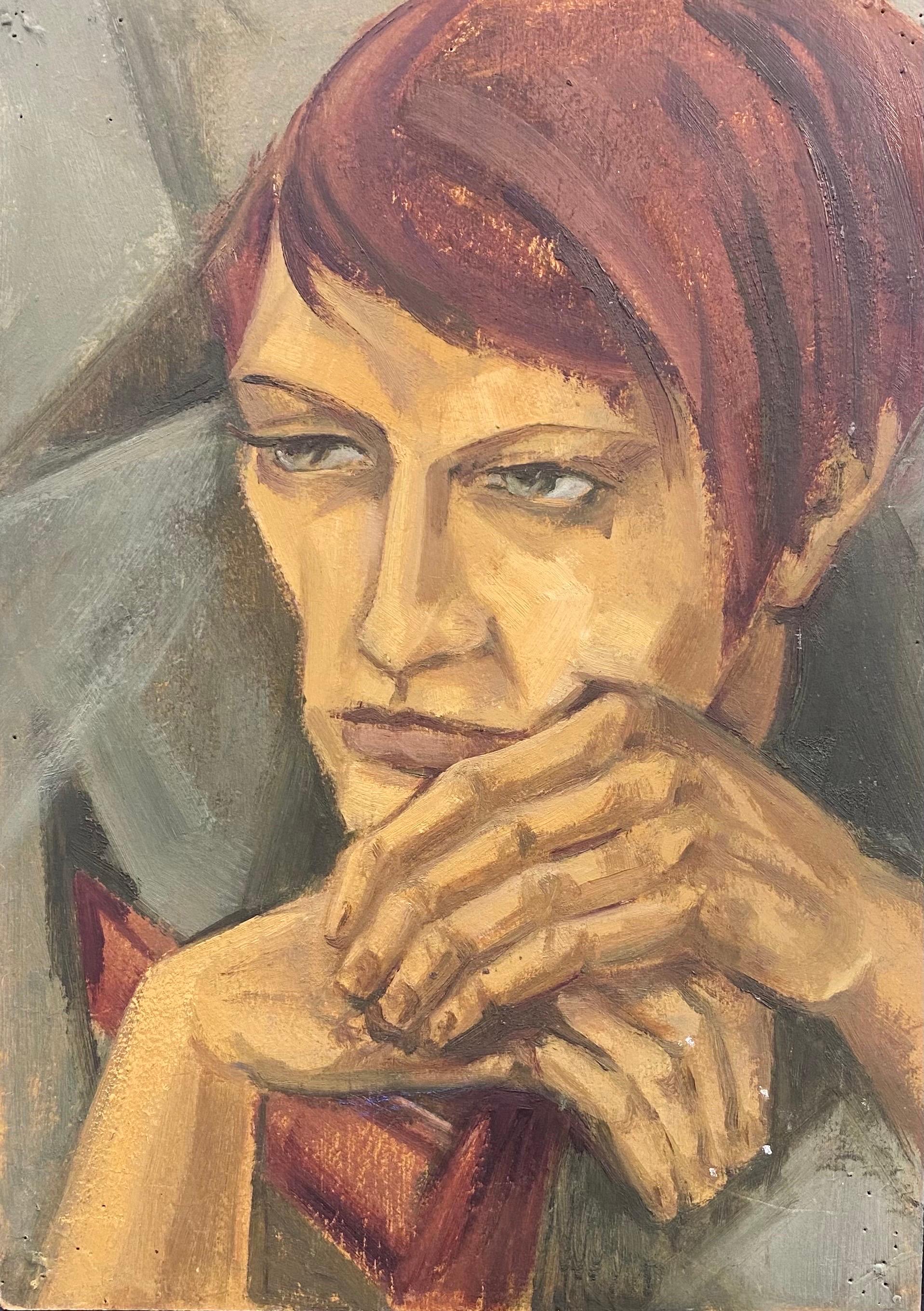 Peinture à l'huile moderniste allemande du XXe siècle, portrait avec cheveux d'Auburn