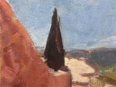 20th Century German Modernist Oil Painting Provence Cypress Tree Landscape