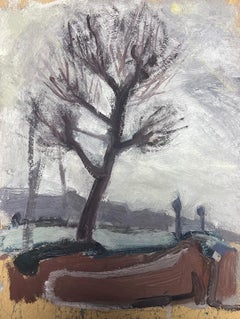 20th Century German Modernist Oil Painting Purple Winter Tree