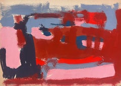 Peinture à l'huile moderniste allemande du 20e siècle abstraite rouge et rose