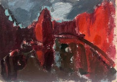 20th Century German Modernist Oil Painting Red Lake Reflection