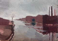 Peinture à l'huile moderniste allemande du 20e siècle Centrale électrique rouge le long de la rivière Grey