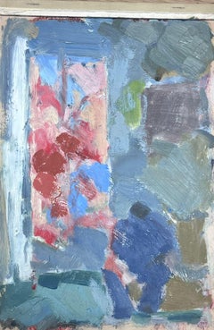 20th Century German Modernist Oil Painting Red Window Blue Interior