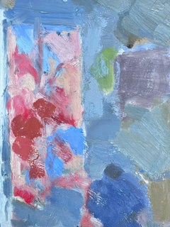 Peinture à l'huile moderniste allemande du 20e siècle, rouge fenêtre, intérieur bleu 