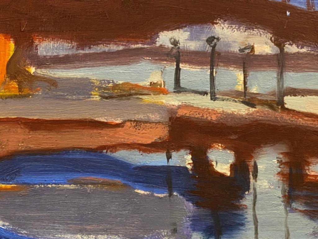 20th Century German Modernist Oil Painting River & Town at Dusk - Purple Landscape Painting by Elisabeth Hahn