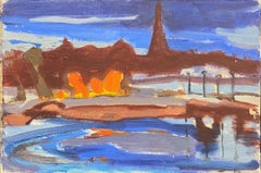 20th Century German Modernist Oil Painting River & Town at Dusk