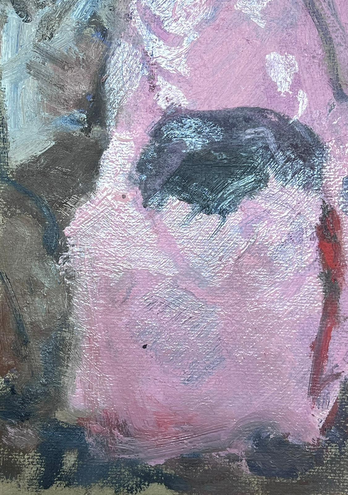 20th Century German Modernist Oil Painting Sat Figure In Pink Robe - Gray Figurative Painting by Elisabeth Hahn