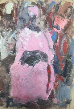 Vintage 20th Century German Modernist Oil Painting Sat Figure In Pink Robe