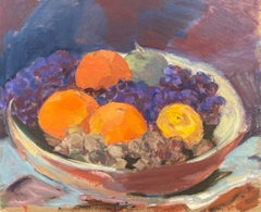 Vintage 20th Century German Modernist Oil Painting Still Life of Fruit in Bowl