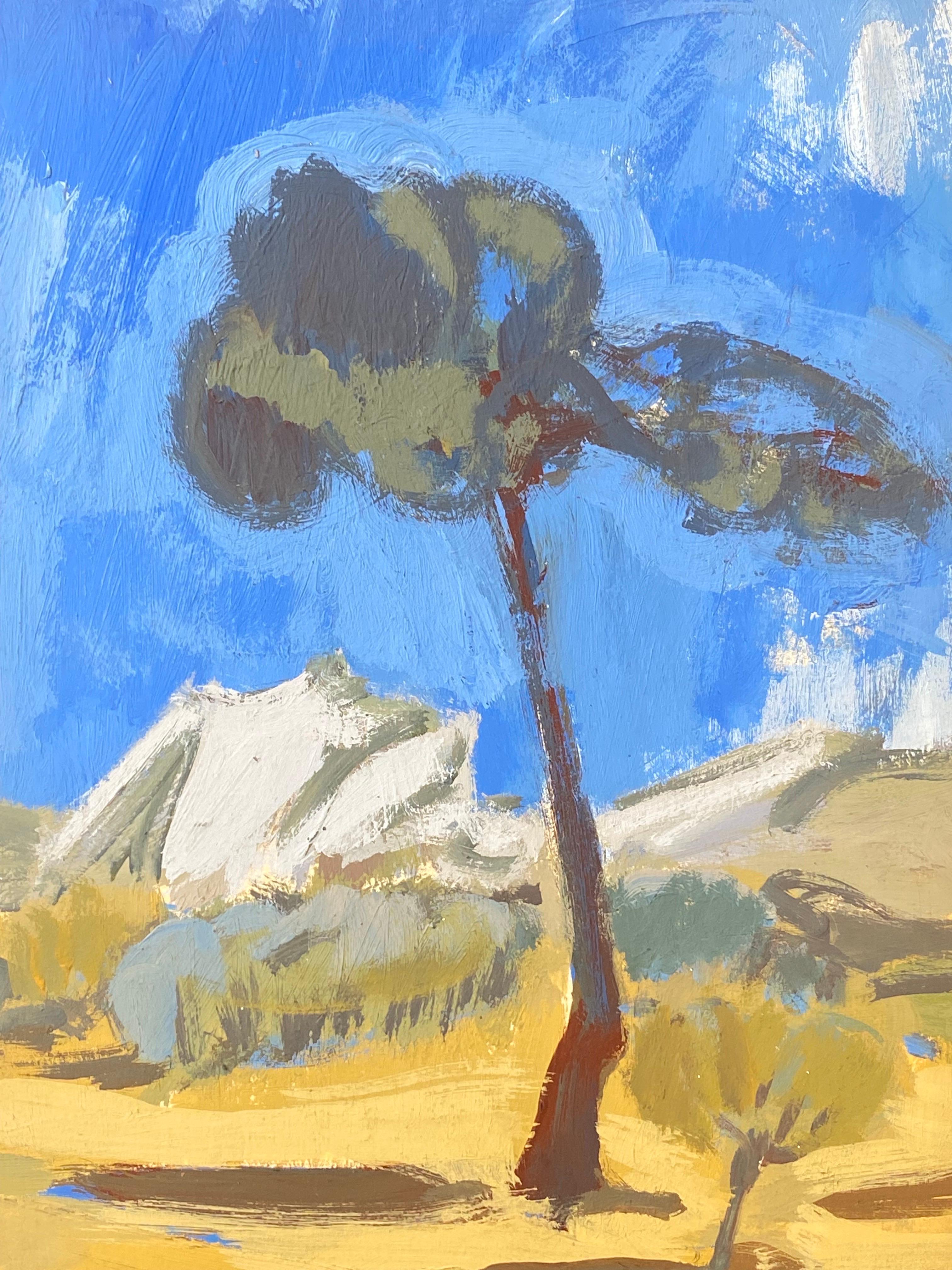20th Century German Modernist Oil Painting Sun Scorched Landscape & Tree - Blue Landscape Painting by Elisabeth Hahn