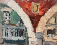 Vintage 20th Century German Modernist Oil Painting Town Brick Arch Ways
