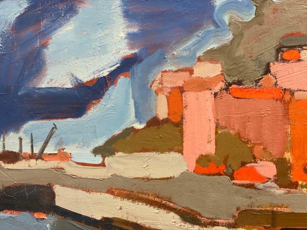 20th Century German Modernist Oil Painting Warm Buildings Landscape - Brown Abstract Painting by Elisabeth Hahn