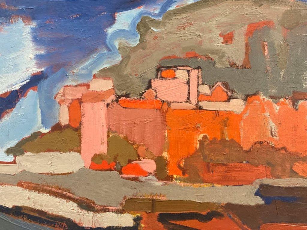 Elisabeth Hahn Abstract Painting - 20th Century German Modernist Oil Painting Warm Buildings Landscape