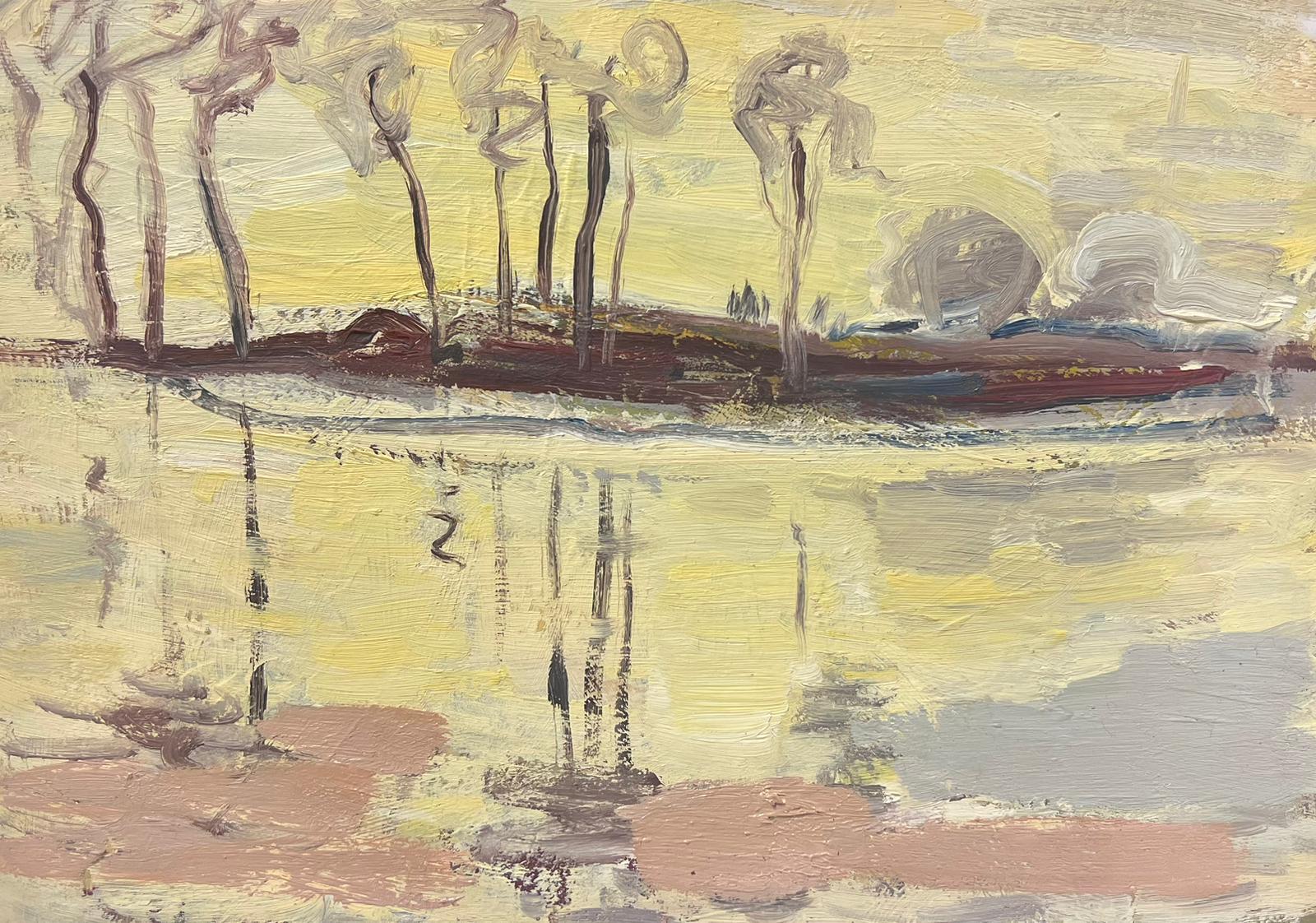 20th Century German Modernist Oil Painting Yellow Tree Bank Landscape For Sale 1