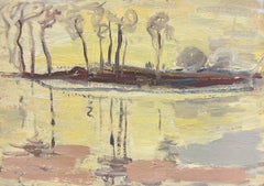 Vintage 20th Century German Modernist Oil Painting Yellow Tree Bank Landscape