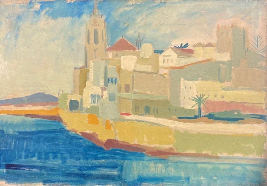 Landscape Painting Elisabeth Hahn - Peinture à l'huile moderniste allemande du 20ème siècle signée représentant une ville côtière méditerranéenne 