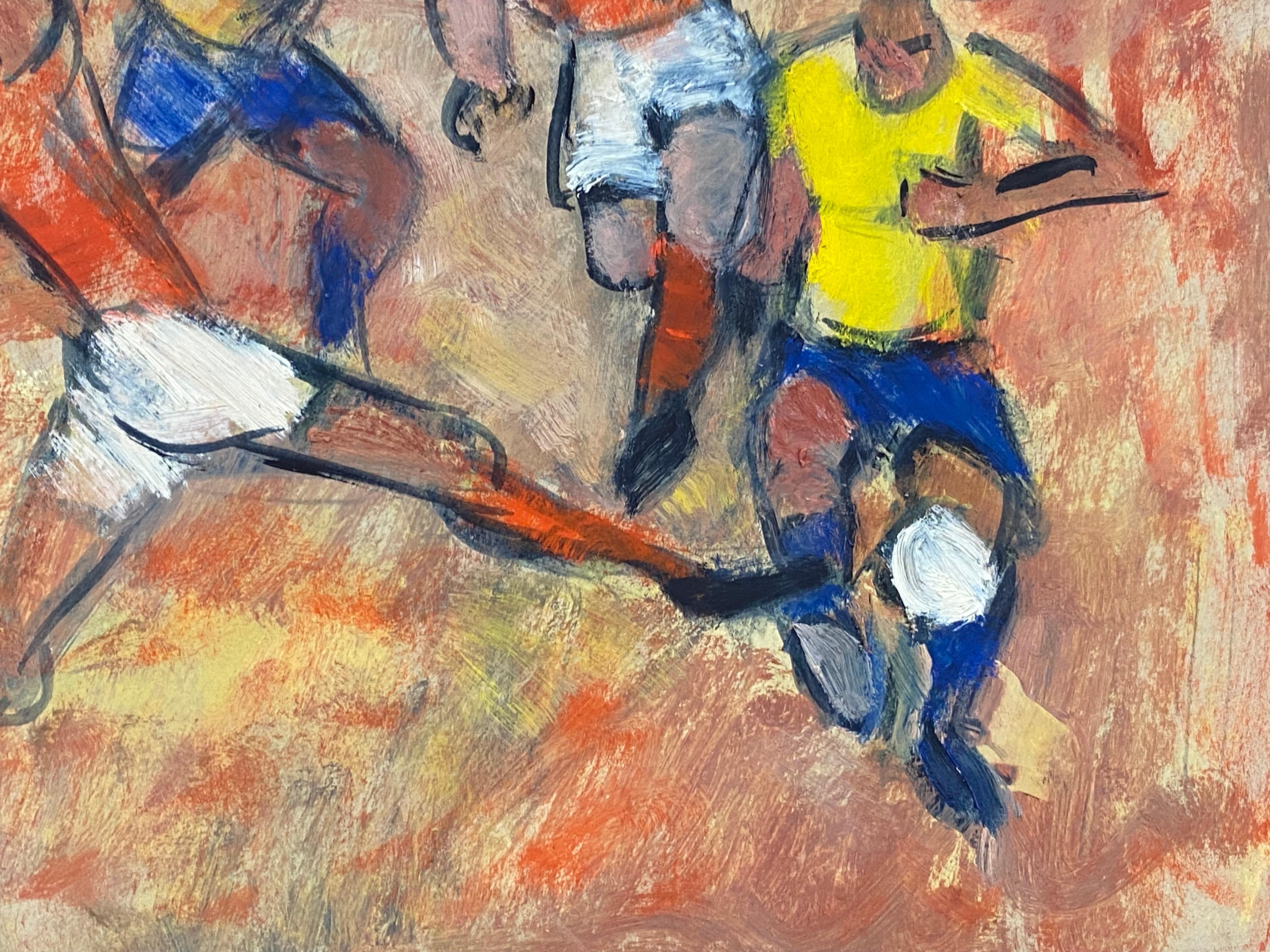 The Football Match 20th Century German Modernist Oil Painting playing football - Beige Abstract Painting by Elisabeth Hahn