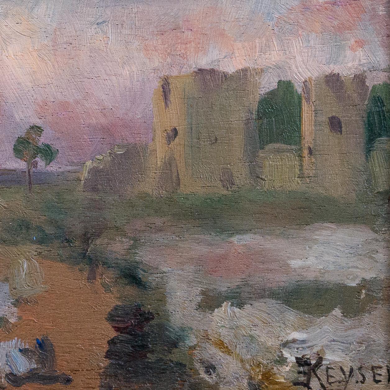 Questo dipinto di Elisabeth Keyser cattura magnificamente una vista panoramica dalle mura settentrionali di Visby, vicino a Lübeckerbräschen. Il paesaggio mostra un tratto di costa che conduce alle imponenti mura medievali. In primo piano ci sono