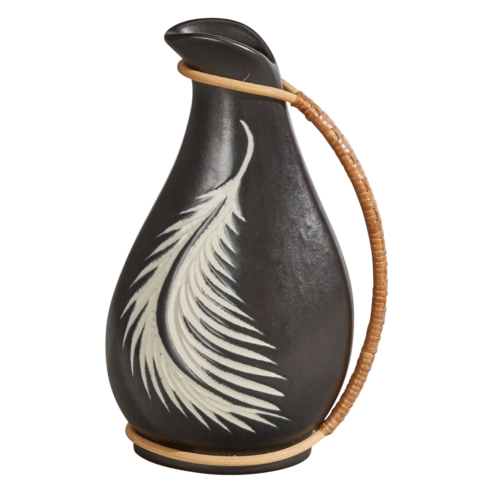 Elisabeth Loholt, Kleiner Krug, Steingut, Rattan, Dänemark, 1950er Jahre im Angebot