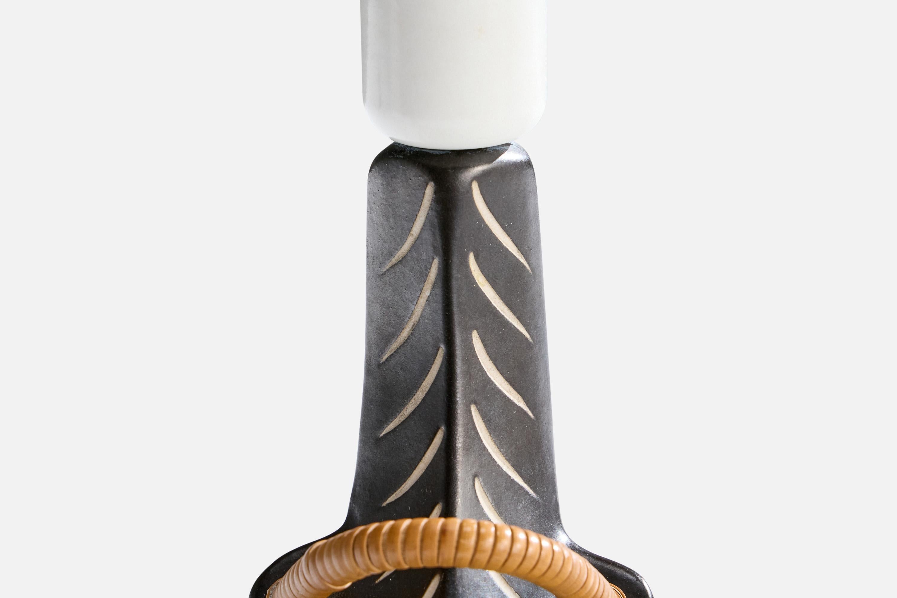 Elisabeth Loholt, Tischlampe, Keramik, Rattan, Stoff, Dänemark, 1960er Jahre im Angebot 1
