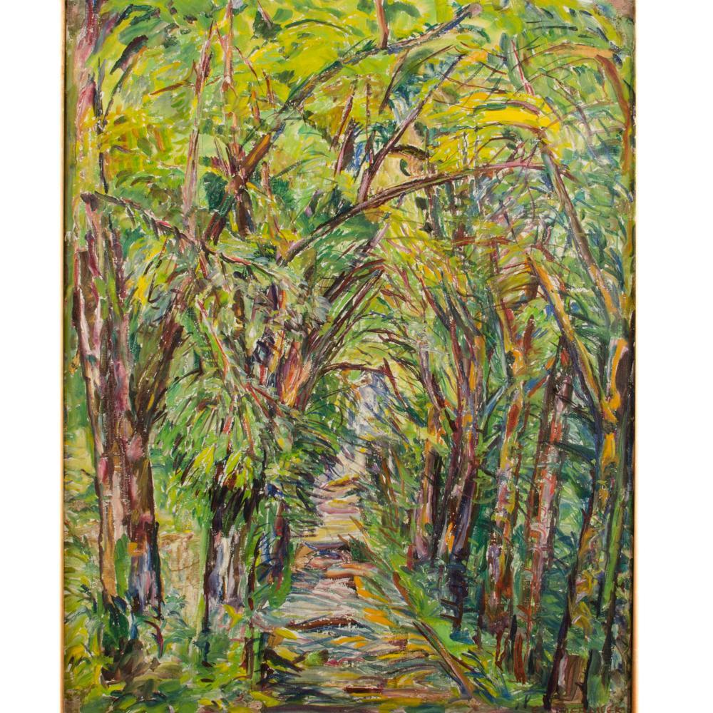 Colorido paisaje tropical con un camino que atraviesa árboles y follaje.
- Óleo sobre lienzo firmado abajo a la derecha y con inscripción en el verso.
- Dimensiones enmarcado: 25,5 pulg x 31,5 pulg