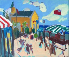 Farbenfrohe mediterrane Strandpromenade mit Caféterrassen und Figuren – Ölgemälde auf Leinwand