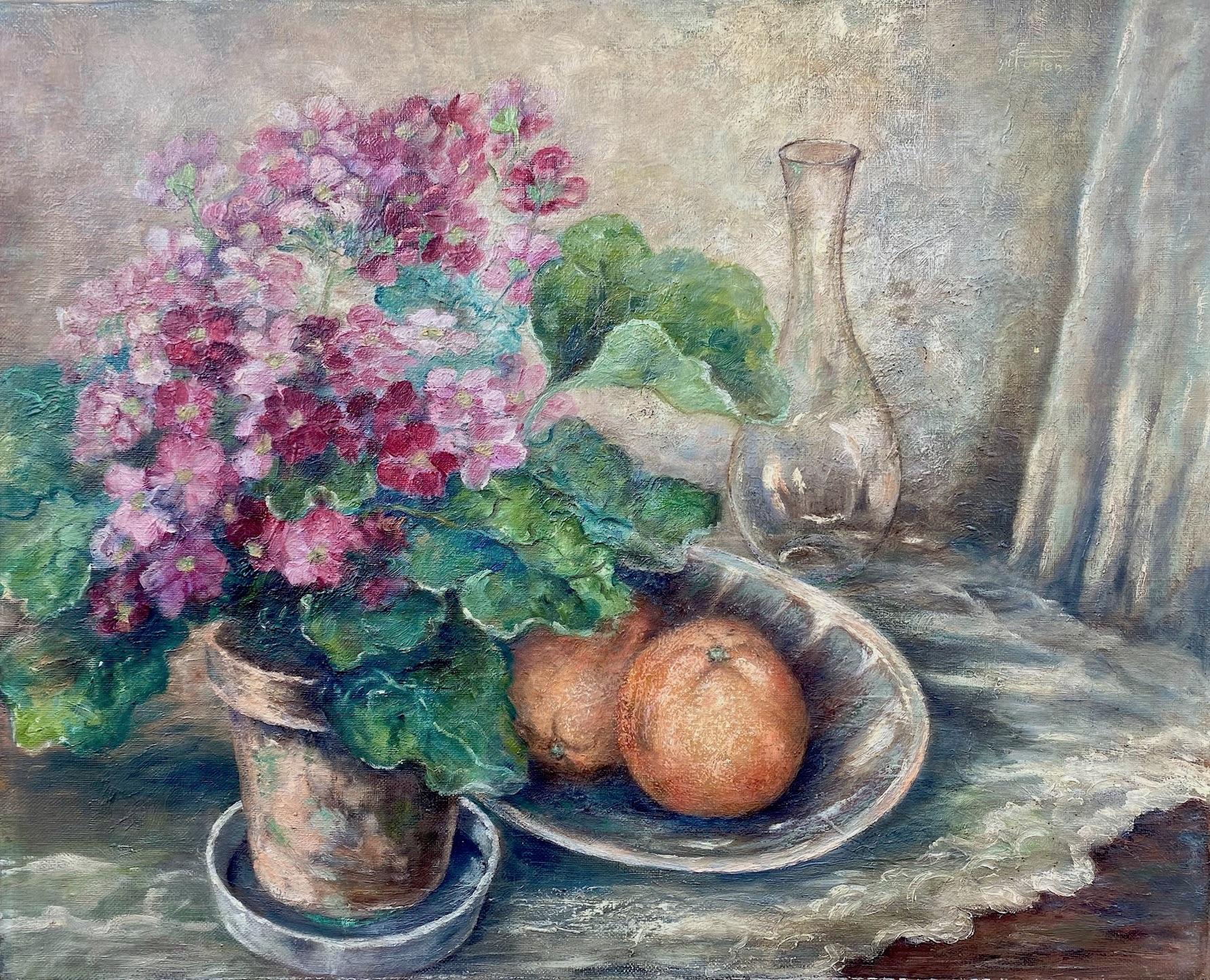 Eleganze e gerani in un interno: 1934 elegante natura morta Berlino Donna artista - Painting di Elisabeth Pohlenz Mostar