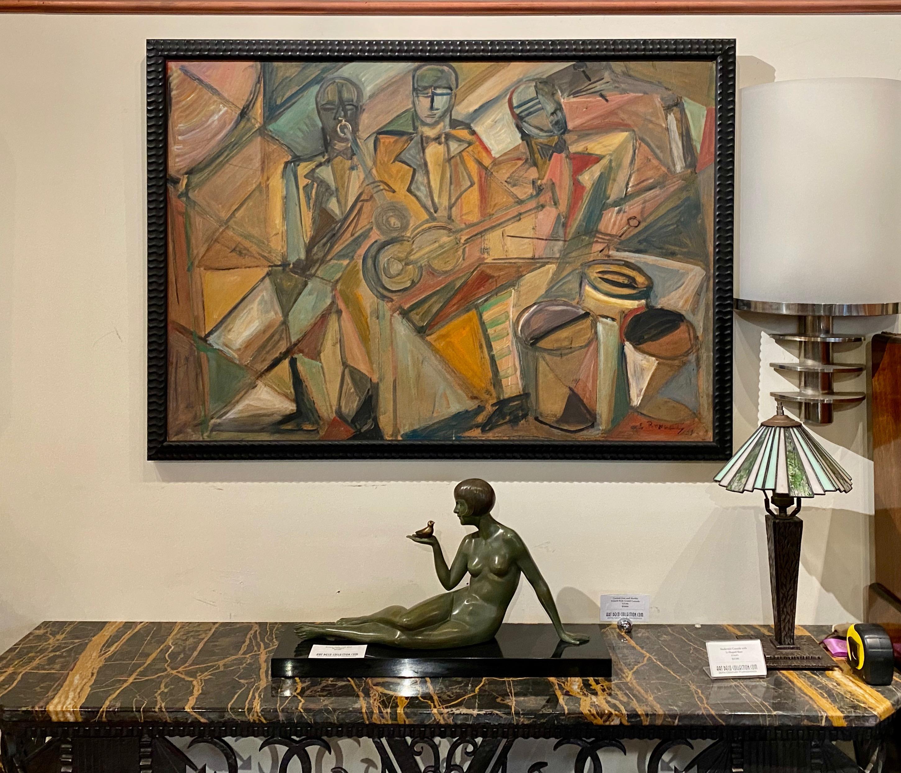French artist Elizabeth Ronget depicting a trio of cubist style jazz musicians signed E. Ronget 1939 on the lower right-hand corner. Oil on board, this original period cubist painting reflects the dynamic style and artistic development of modern art