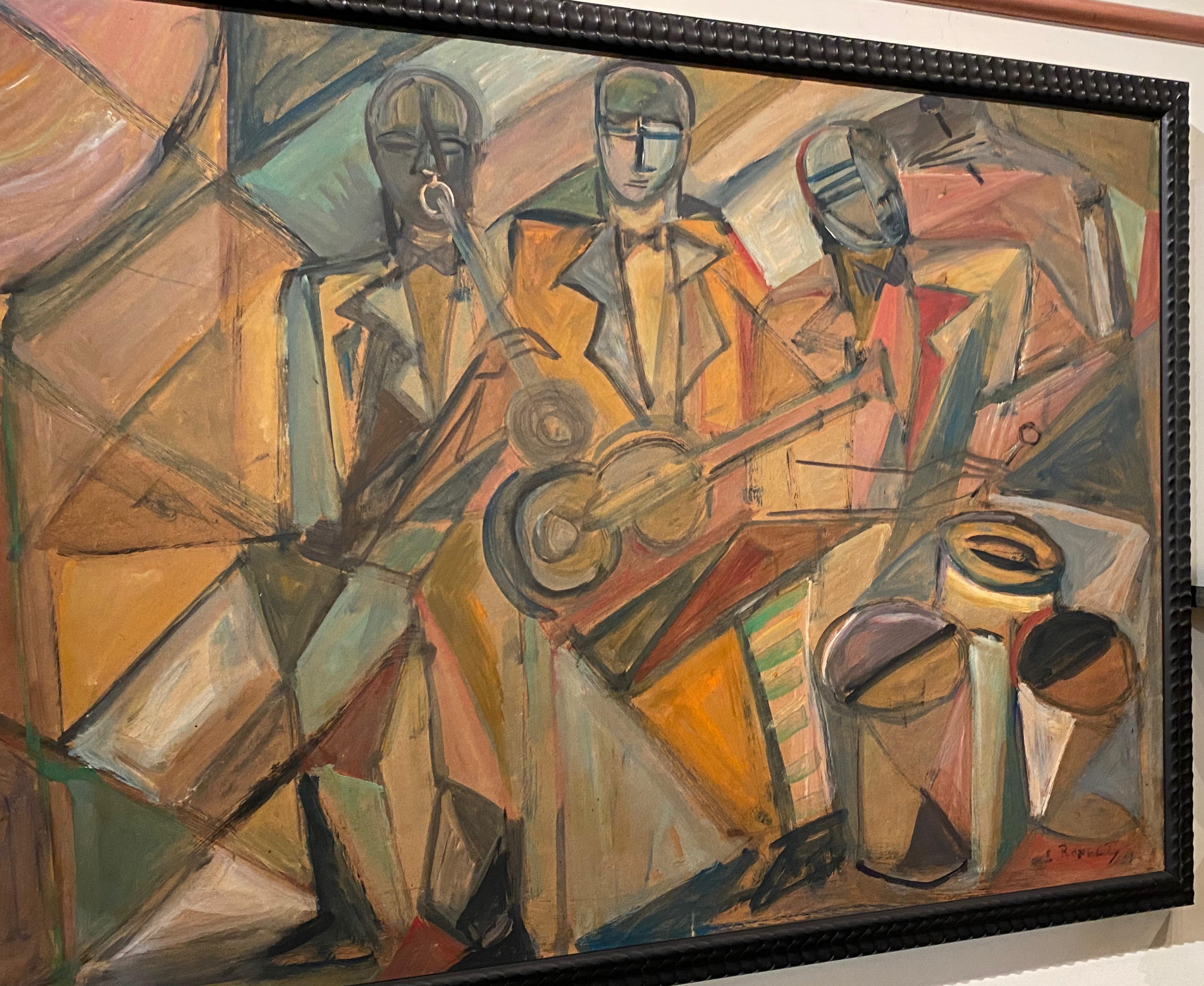 Mid-20th Century Elisabeth Ronget French Cubist Jazz Trio Painting Art Deco