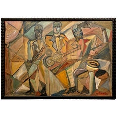 Vintage Elisabeth Ronget French Cubist Jazz Trio Painting Art Deco