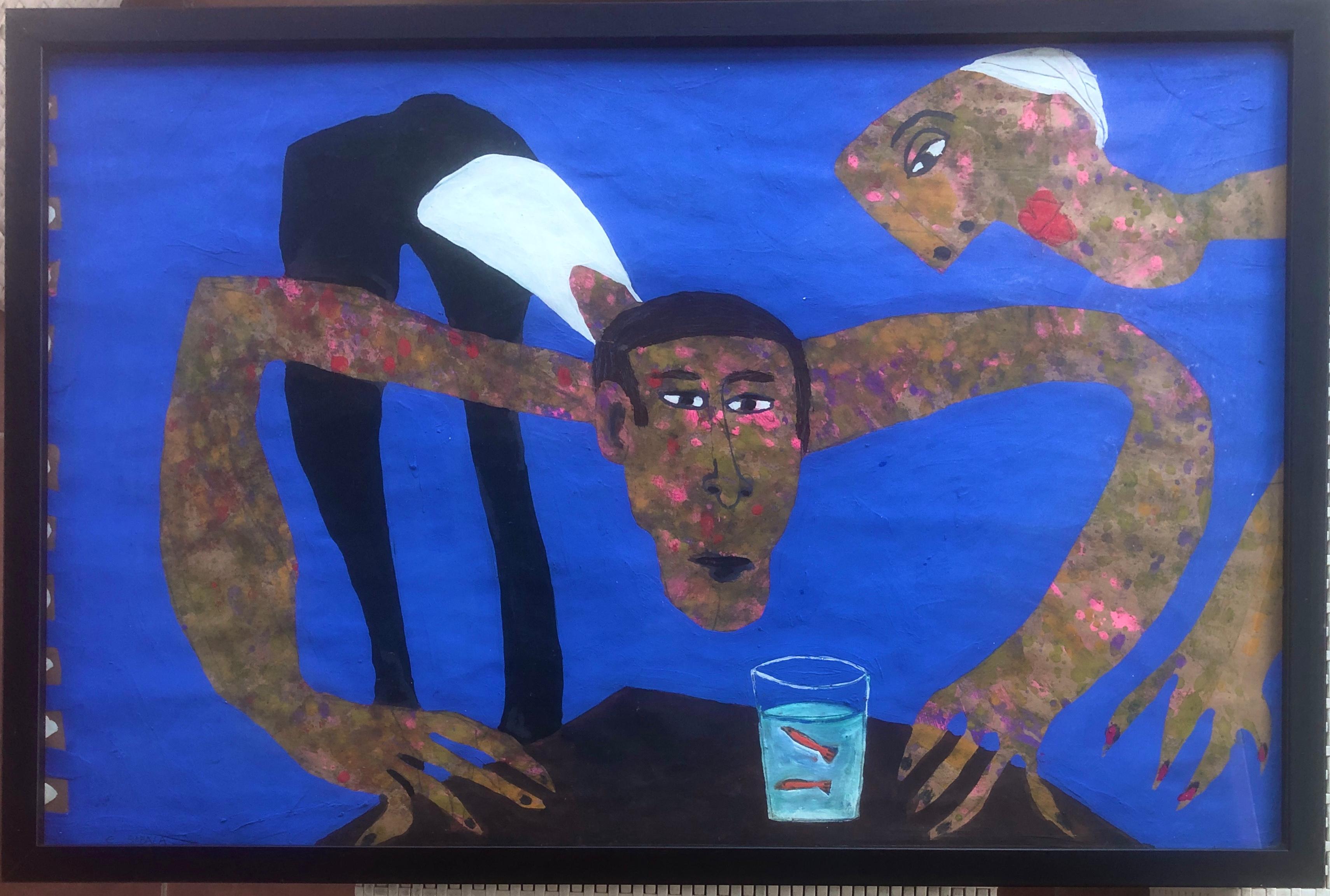 Peinture acrylique de réservoir de poisson faite à la main expressionnisme surréaliste - Painting de Elisabeth Sabala