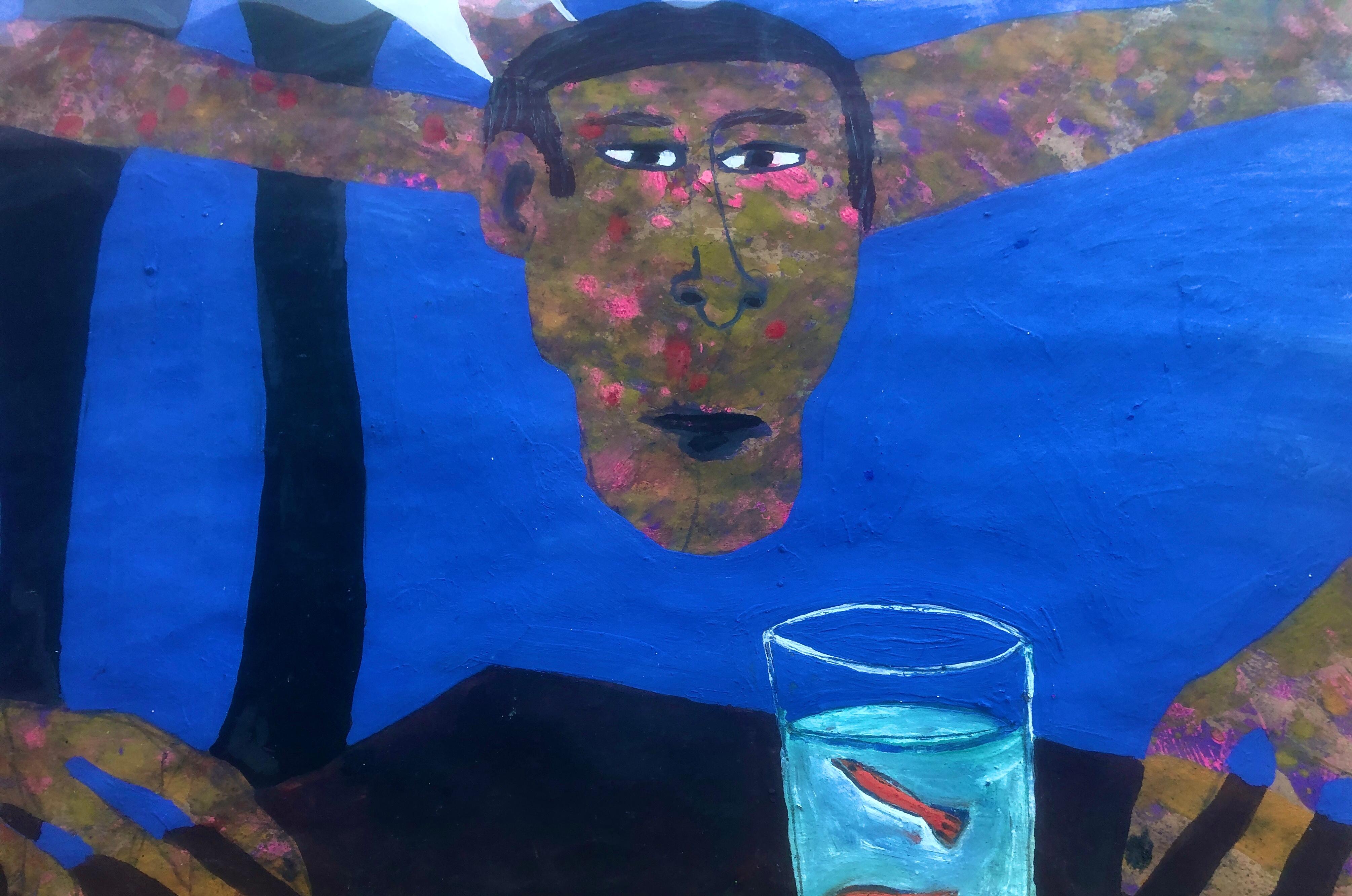 Peinture acrylique de réservoir de poisson faite à la main expressionnisme surréaliste en vente 2